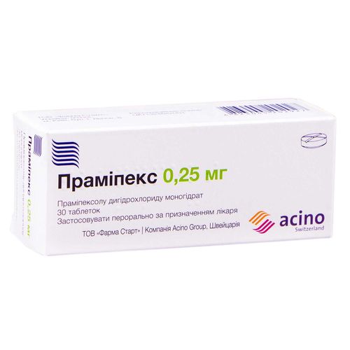 ПРАМІПЕКС таблетки 0,25 мг (0,18 мг праміпексолу)